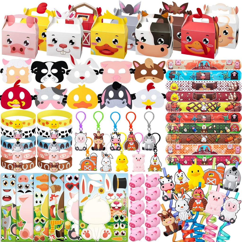 Farm Animals Birthday Party Favors Set 82 PCS Barnyard Animal Masks Sticker Keychains Straw Slap wristbands Rubber Pigs Gift for Kids Birthday Party Baby Shower Goodie Bag Filles Supplies