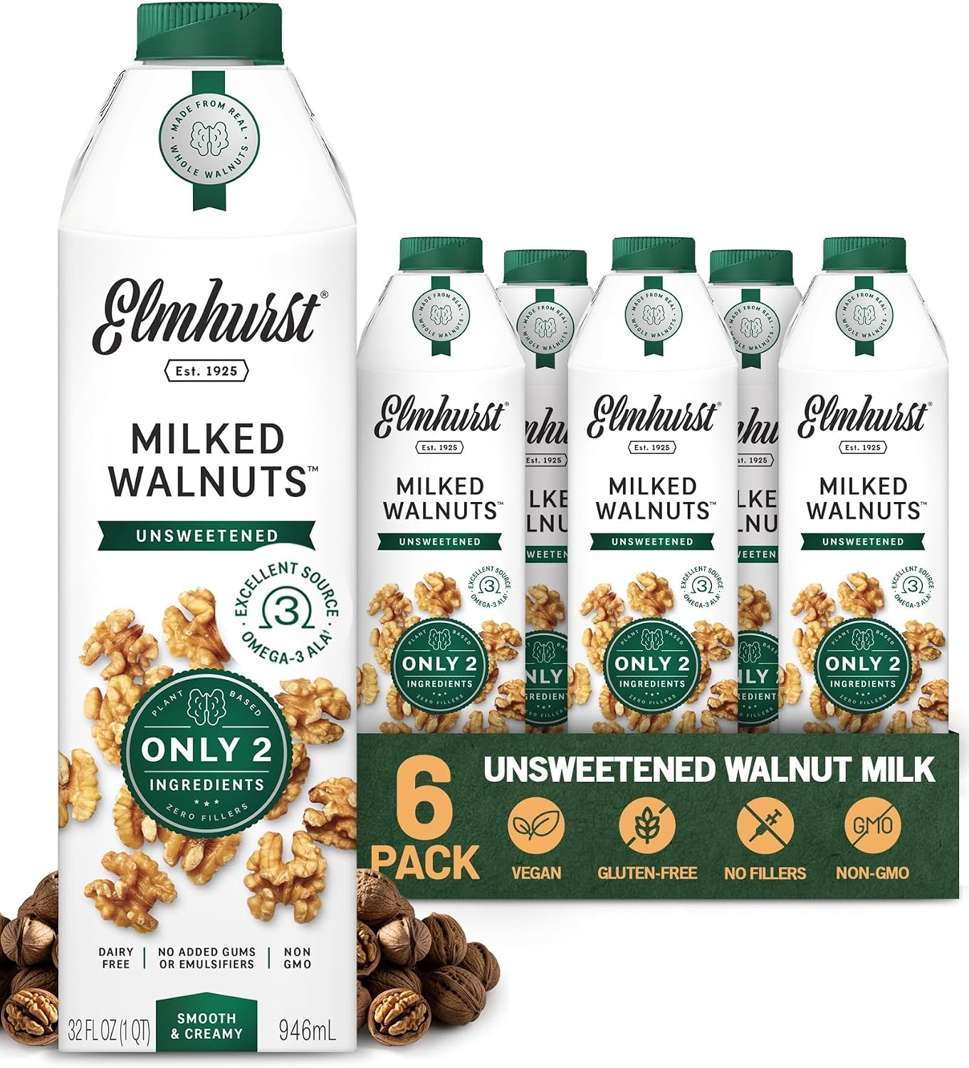 Elmhurst 1925 Unsweetened Walnut Milk - 32 Ounce (Pack of 6) Dairy-Free, Gluten-Free, Vegan, Kosher, Shelf Stable Milk Made with Water & Walnuts for Healthier, Simpler Plant-Based Alternatives
