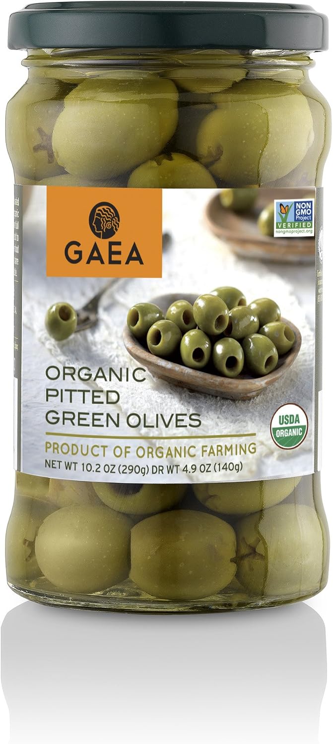 Gaea Organic Pitted Green Olives Non-GMO Large Olives (8 ct. 6 oz Jars)