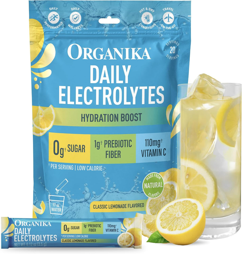 Organika Electrolytes Powder- Classic Lemonade Sachets- On-The-Go, Sugar-Free Hydration and Electrolyte Replenishment with Prebiotics and Vitamin C- 20 Servings