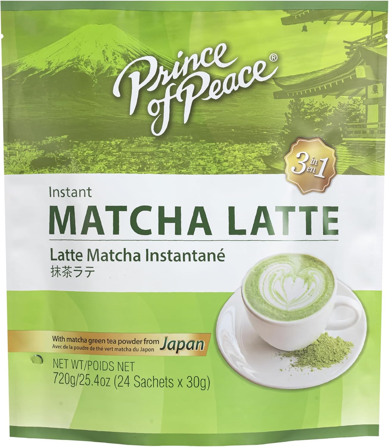 Prince of Peace 3 in 1 Matcha Latte Instant Beverage, 24 Sachets – Made with Matcha Powder from Japan - Instant Hot or Cold Beverage – Easy to Brew – Rich and Creamy Taste – Just Add Water