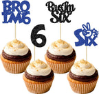 Ephlyn 24Pcs Bro I'm 6 Cupcake Toppers Glitter Boy 6th Birthday Cupcake Pick Decorations for Cheers to Six Years Old Big Brother 6th Birthday Party Supplies