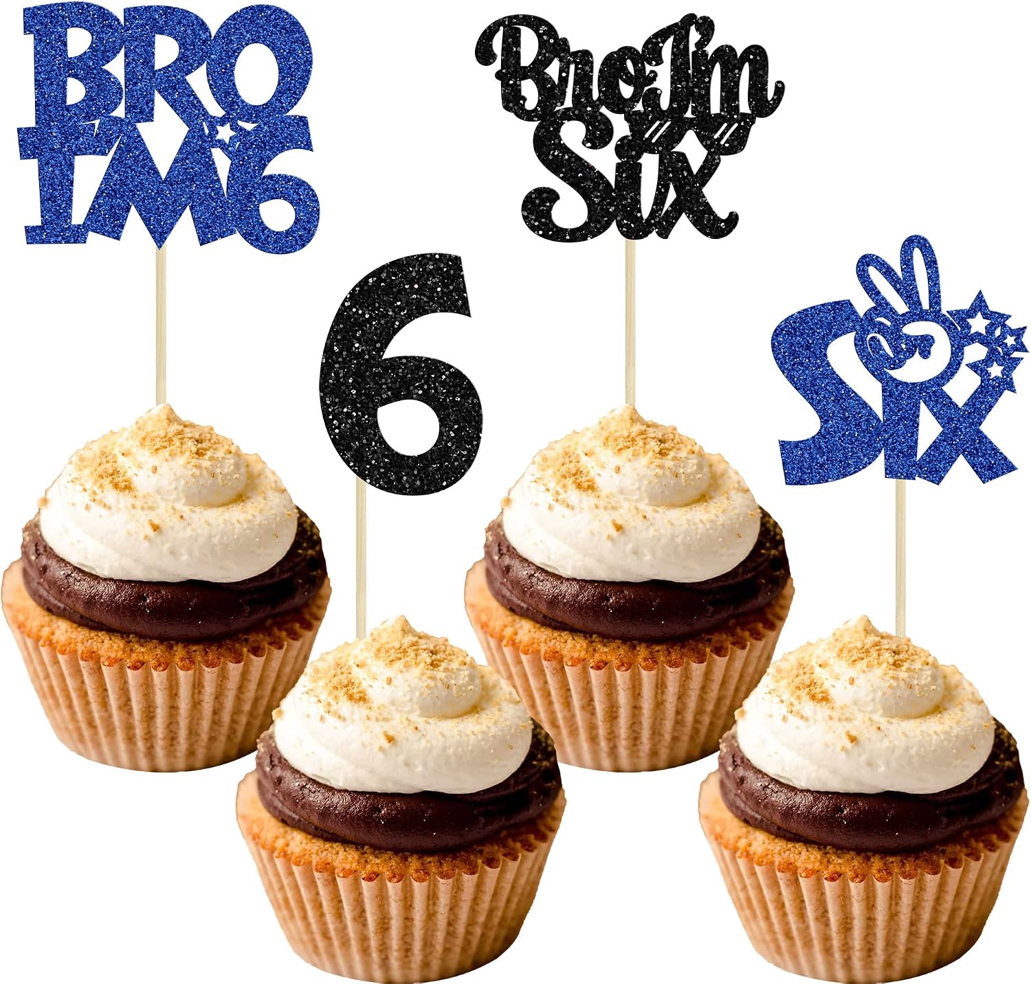 Ephlyn 24Pcs Bro I'm 6 Cupcake Toppers Glitter Boy 6th Birthday Cupcake Pick Decorations for Cheers to Six Years Old Big Brother 6th Birthday Party Supplies