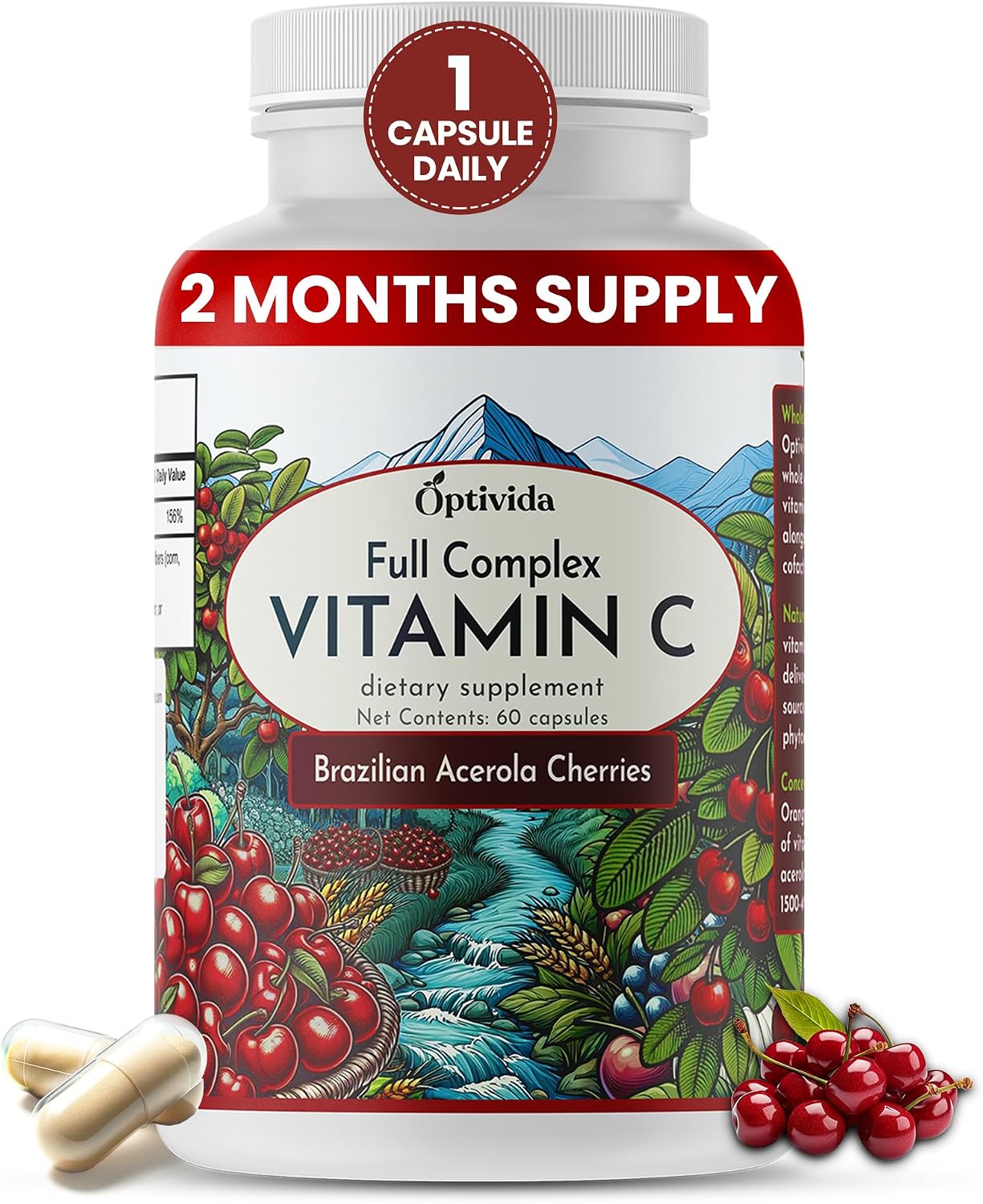 OPTIVIDA Health Acerola Cherry Capsules (60 Days Supply) – Plant-Based Vitamin C for Immune Support – Enhances Absorption – Supports Skin, Joints & Immune Health – GMP Certified