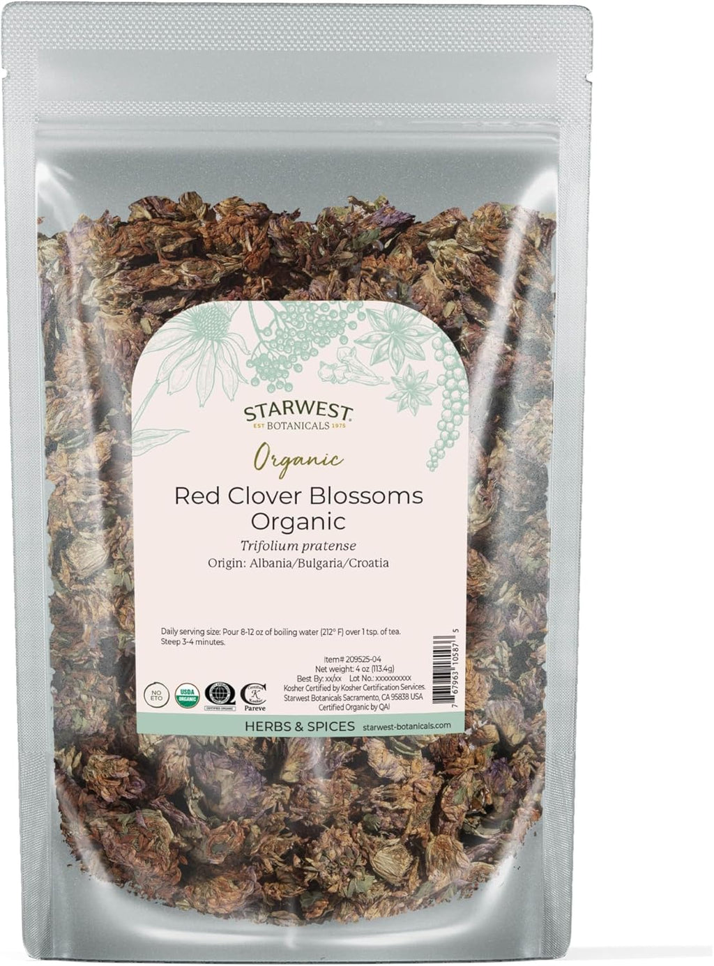 Starwest Botanicals Red Clover Blossoms Whole Organic - Dried Loose Leaf Herb for Tea, Edible Flowers, Certified Kosher, Non-GMO - 4 oz Pouch