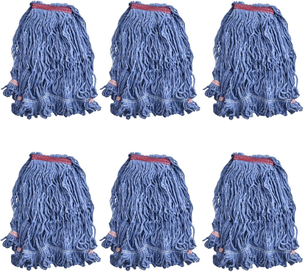 Loop-End Mop Head Replacement, 6 Pack – Commercial & Industrial Mop Heads with 1.25" Headband, Cotton Blend, Machine Washable Blue Mop Refills for Floor Cleaning