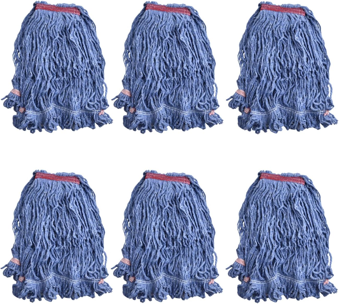 Loop-End Mop Head Replacement, 6 Pack – Commercial & Industrial Mop Heads with 1.25" Headband, Cotton Blend, Machine Washable Blue Mop Refills for Floor Cleaning