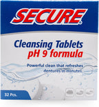 Secure Daily Cleansing Tablets - pH 9 Formula Thoroughly Cleans Dentures - Fights Odors, Stains & Germs - For Dentures, Nightguards, Retainers & Partials - 32 Tablets (1 Pack)