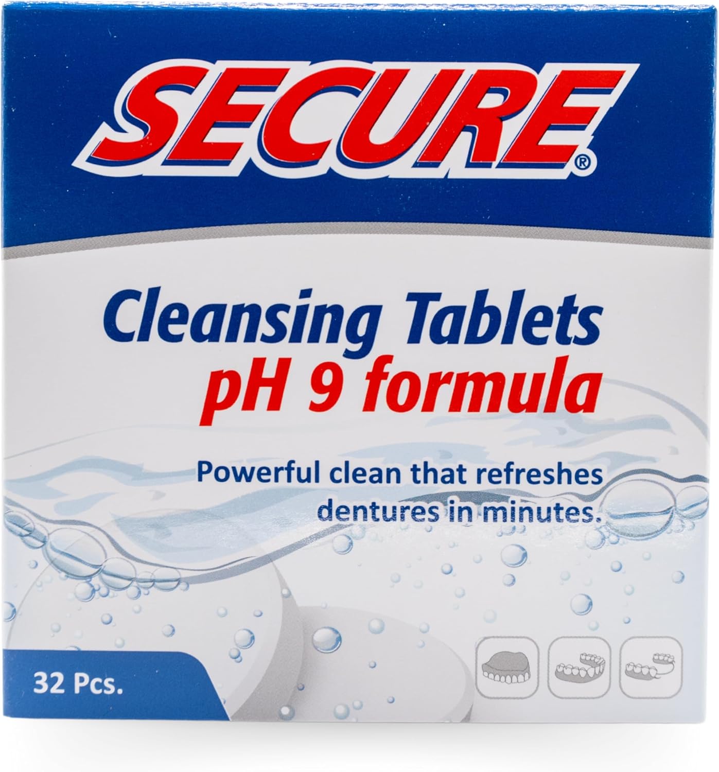 Secure Daily Cleansing Tablets - pH 9 Formula Thoroughly Cleans Dentures - Fights Odors, Stains & Germs - For Dentures, Nightguards, Retainers & Partials - 32 Tablets (1 Pack)