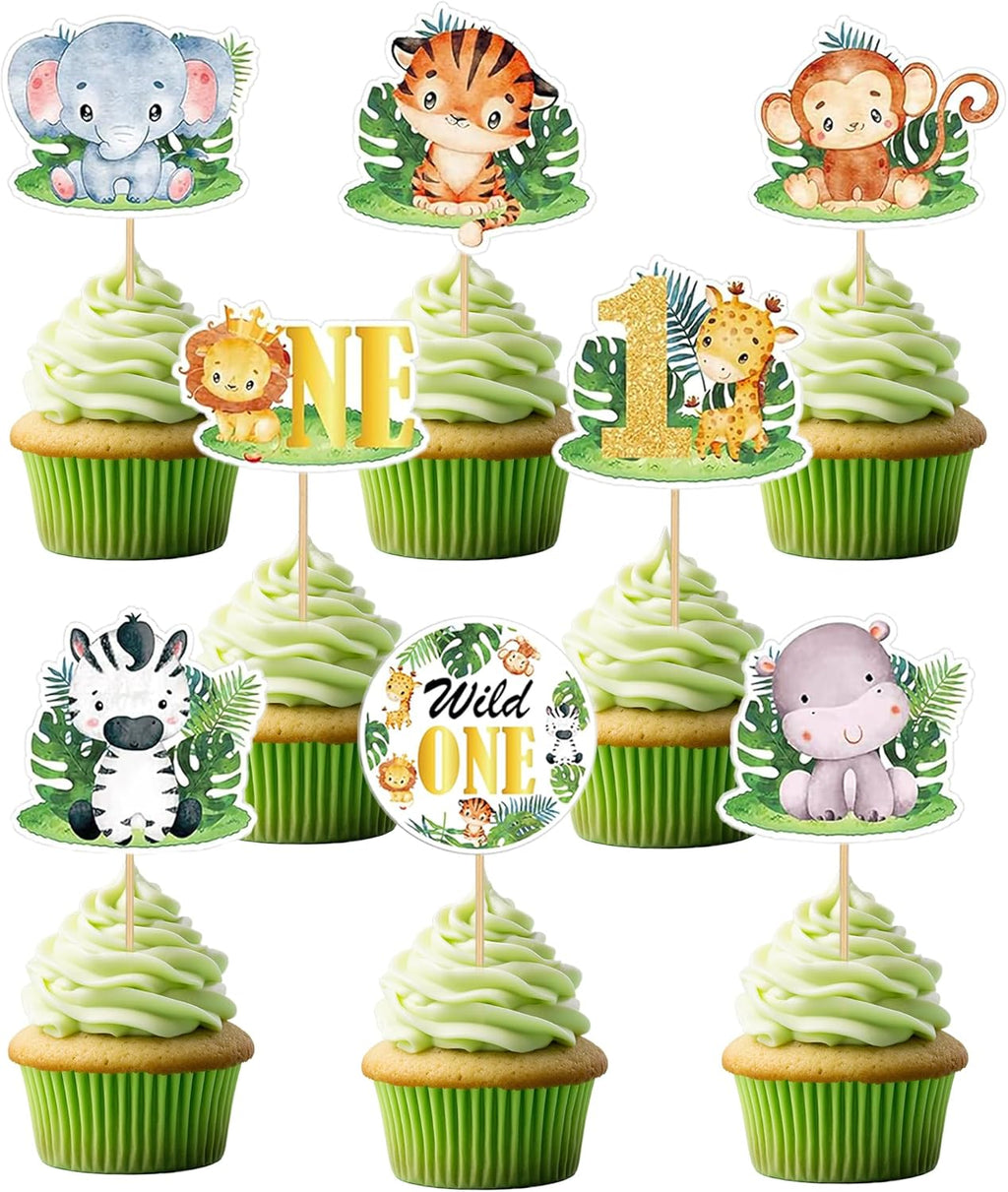 48-Piece “Wild One” Jungle Safari Cupcake Toppers – Baby 1st Birthday Cake Picks for Boy & Girl Party Supplies