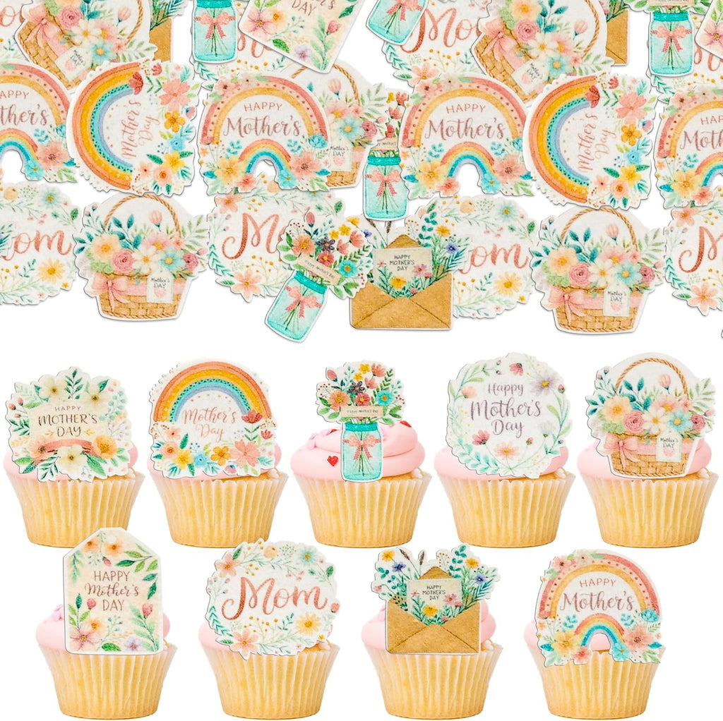 Ephlyn 54Pcs Edible Happy Mother's Day Cupcake Toppers Rainbow Love Mom Cake Drink Topper Picks Flowers Cake Decoration for Mom's Birthday Party Cake Decor Supplies Pink