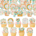 Ephlyn 54Pcs Edible Happy Mother's Day Cupcake Toppers Rainbow Love Mom Cake Drink Topper Picks Flowers Cake Decoration for Mom's Birthday Party Cake Decor Supplies Pink