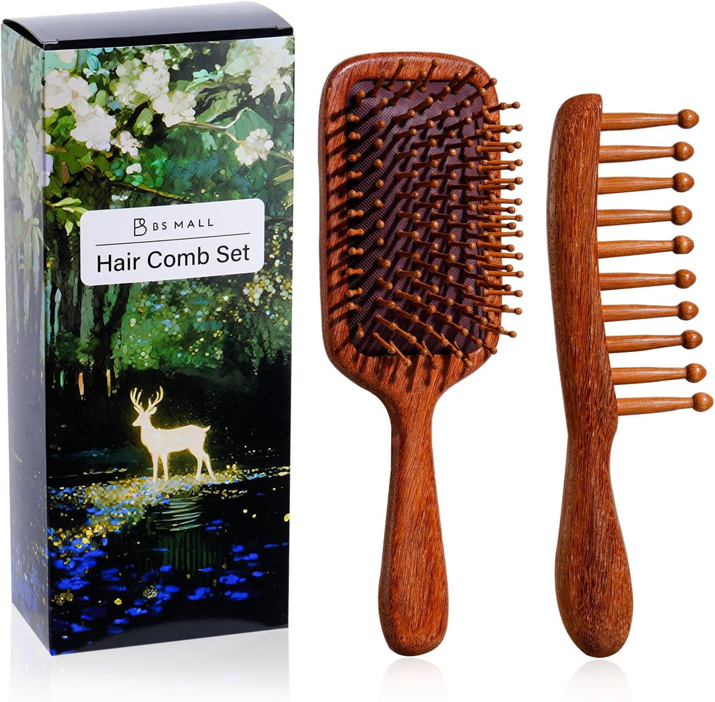Hair Comb Set BS-MALL 2 Pcs Premium Sandal Wood, Wide Tooth Comb Set for Women and Men - Hair Comb with Massage Airbag to Smooth, Detangle and Stimulate Scalp - Anti-static Combs for Haircare at Home
