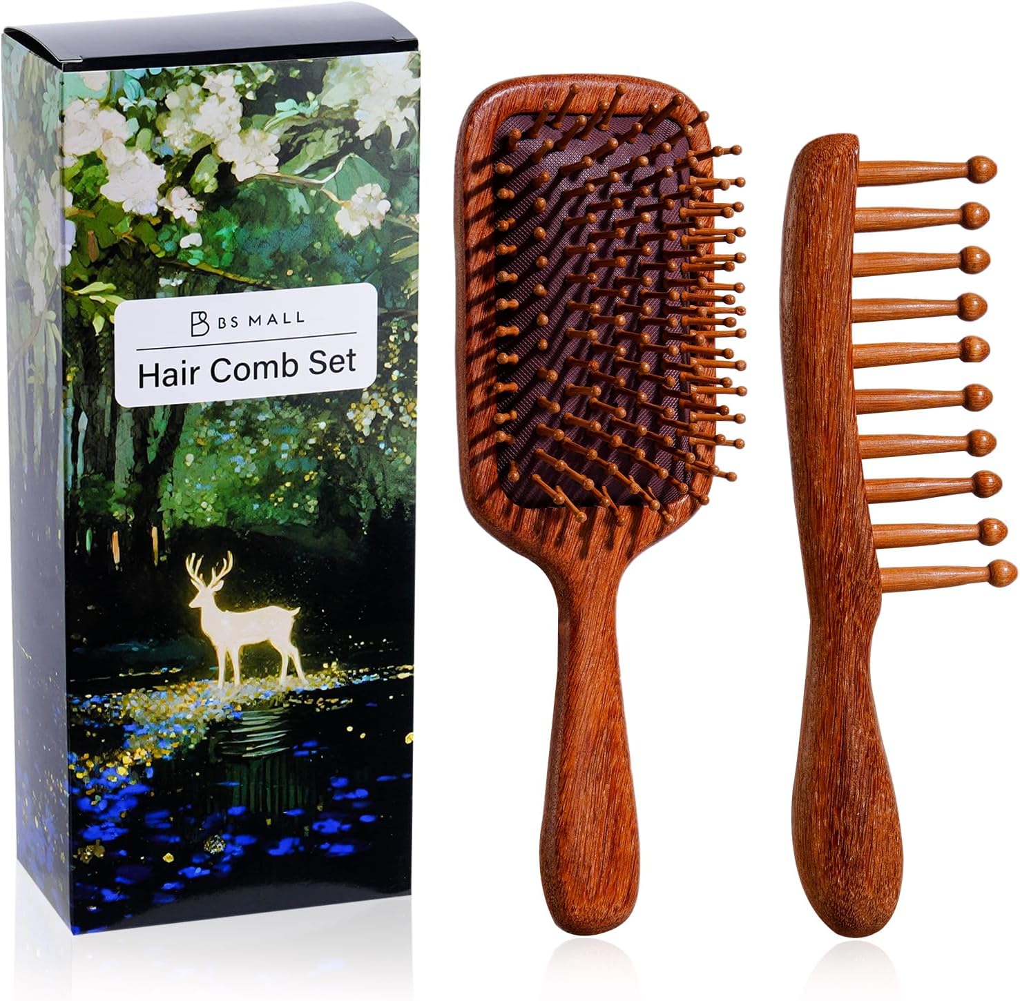 Hair Comb Set BS-MALL 2 Pcs Premium Sandal Wood, Wide Tooth Comb Set for Women and Men - Hair Comb with Massage Airbag to Smooth, Detangle and Stimulate Scalp - Anti-static Combs for Haircare at Home