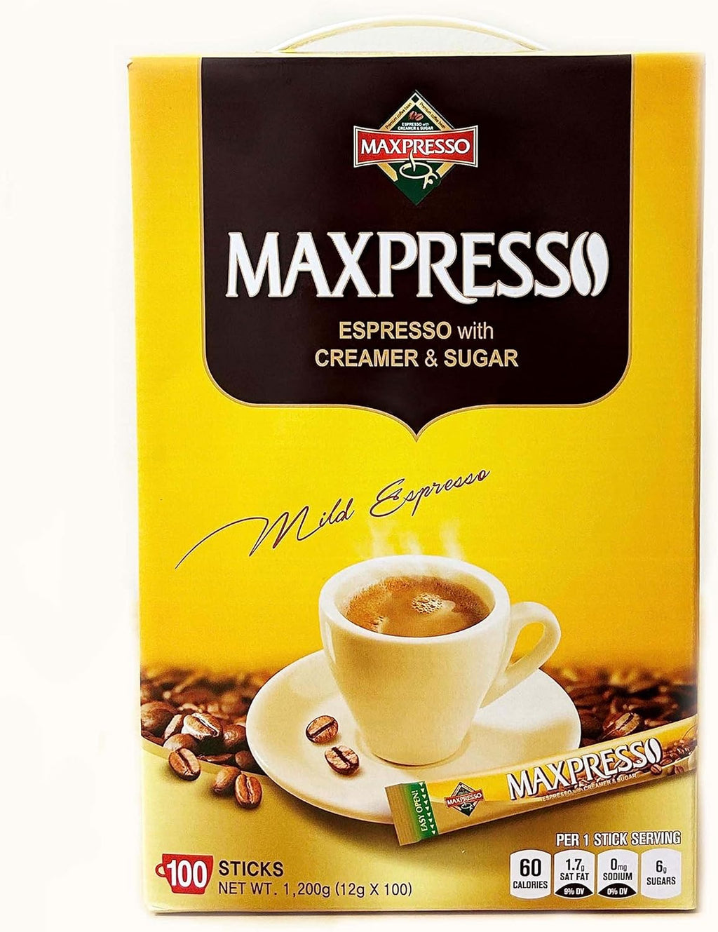 Maxpresso 3 in 1 Korean Instant Coffee Mix - Single Serve Sticks 100 Packets with Creamer and Sugar Premium Hot or Iced Coffee Blend Rich Flavor