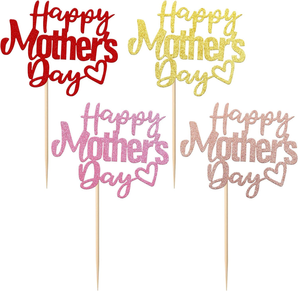 24 Pack Happy Mother's Day Cupcake Toppers with Glitter Hollow Heart Love Mother Best Mom Cupcake Food Picks Women Birthday Happy Mother's Day Theme Party Cake Decorations Supplies Colorful