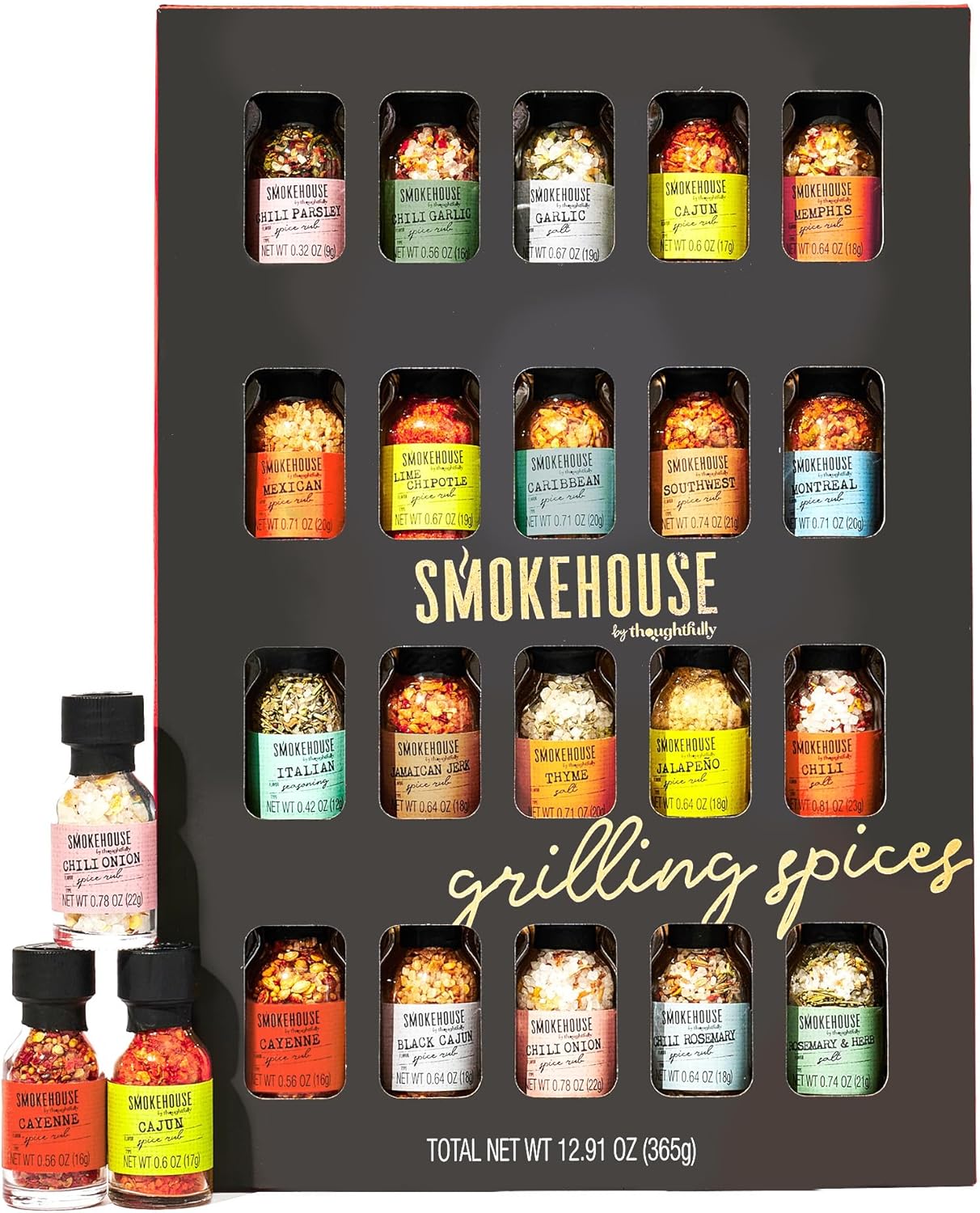 Smokehouse by Thoughtfully Ultimate Grilling Spice Set, Grill Seasoning Gift Set Flavors Include Chili Garlic, Rosemary and Herb, Lime Chipotle, Cajun Seasoning and More, Pack of 20