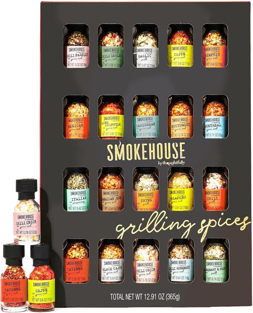 Grilling Spice Set Gift, 20 Mini BBQ Rubs & Seasonings Variety Pack, Grill Seasoning Sampler for BBQ, Smoker, Steak, Chicken Burgers, Smokehouse by Thoughtfully - Gift Set for Men, Dad, Father's Day