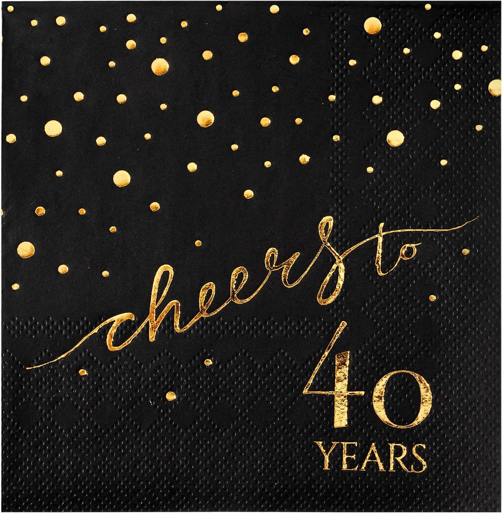 100 Pack of 40th Birthday Napkins, Cheers to 40 Cocktail 5x5 Inches Party Paper Napkins for Birthday Decorations Wedding Anniversary Black and Gold, 3-Ply