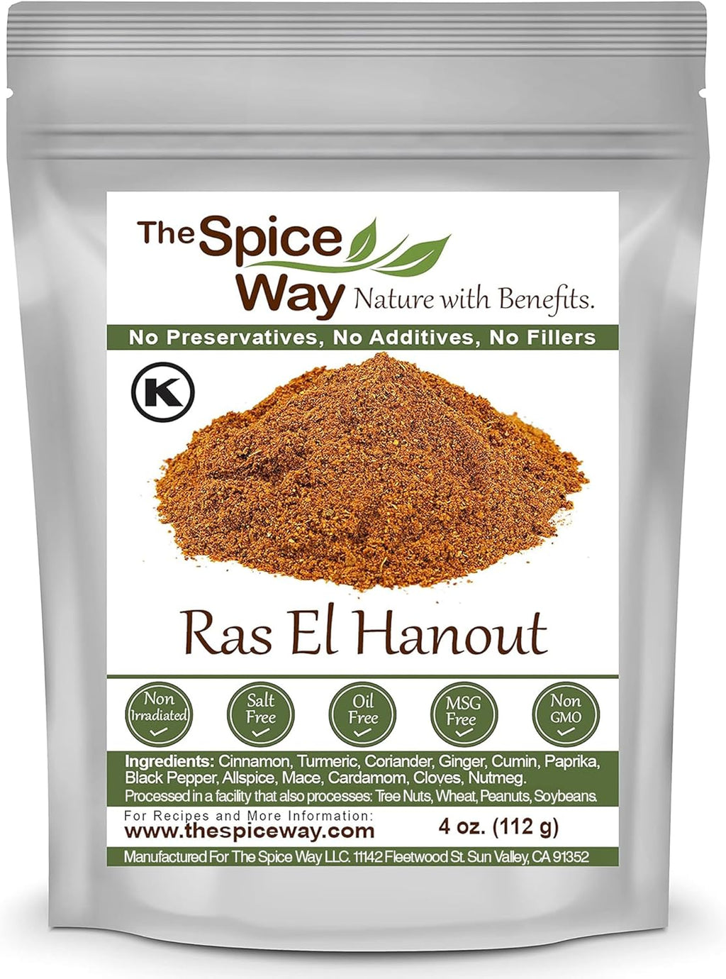 The Spice Way - Ras El Hanout Moroccan Meat Spice Blend of Turmeric, Cinnamon, Coriander, Mace, Cumin, Paprika & Nutmeg - Salt Free (resealable bag 4 oz)