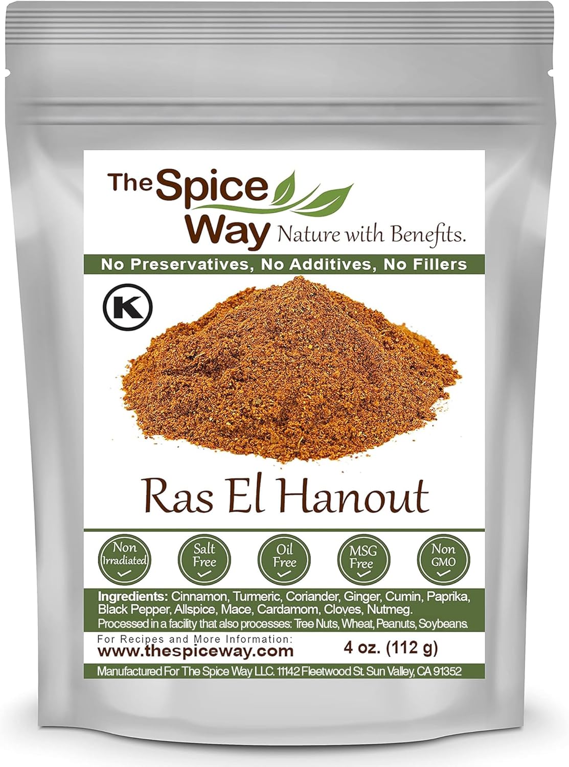 The Spice Way - Ras El Hanout Moroccan Meat Spice Blend of Turmeric, Cinnamon, Coriander, Mace, Cumin, Paprika & Nutmeg - Salt Free (resealable bag 4 oz)
