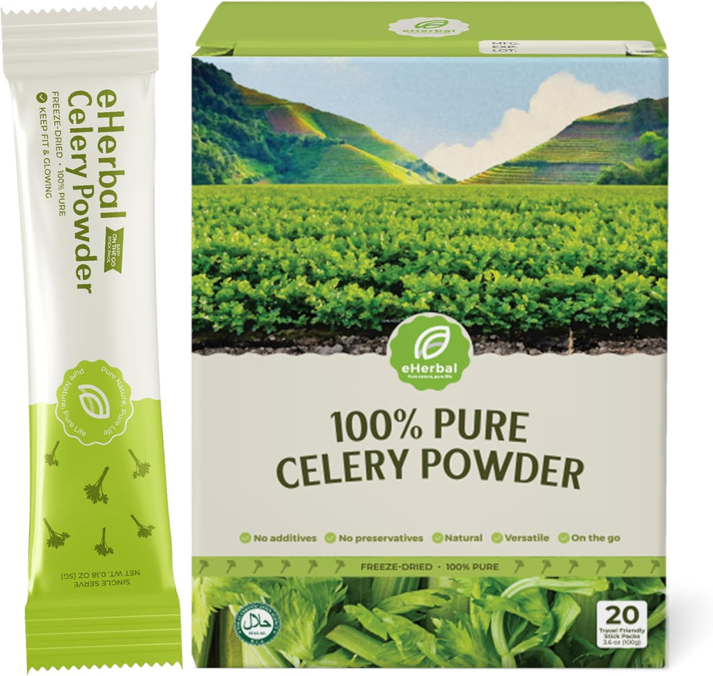 eHerbal 100% Plant based Freeze Dried Celery Powder Packets for Drink, Soups, Smoothies or Cook, 20 Convenient Packs | Simple & Natural, Easy to Mix (5g per Stick) Non-GMO Travel Size