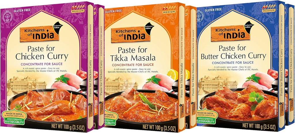 Kitchens of India Curry Paste Combo - Butter Chicken, Tikka Masala & Chicken Curry Paste, Gluten-Free, Easy-to-Use, Authentic Indian Food, 3.5 Ounces (Pack of 6)