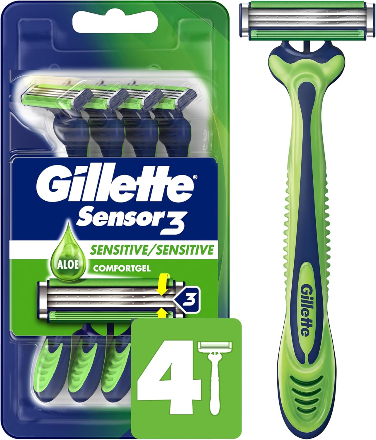 Gillette Sensor3 Sensitive Men's Disposable Razor, 4 Razors