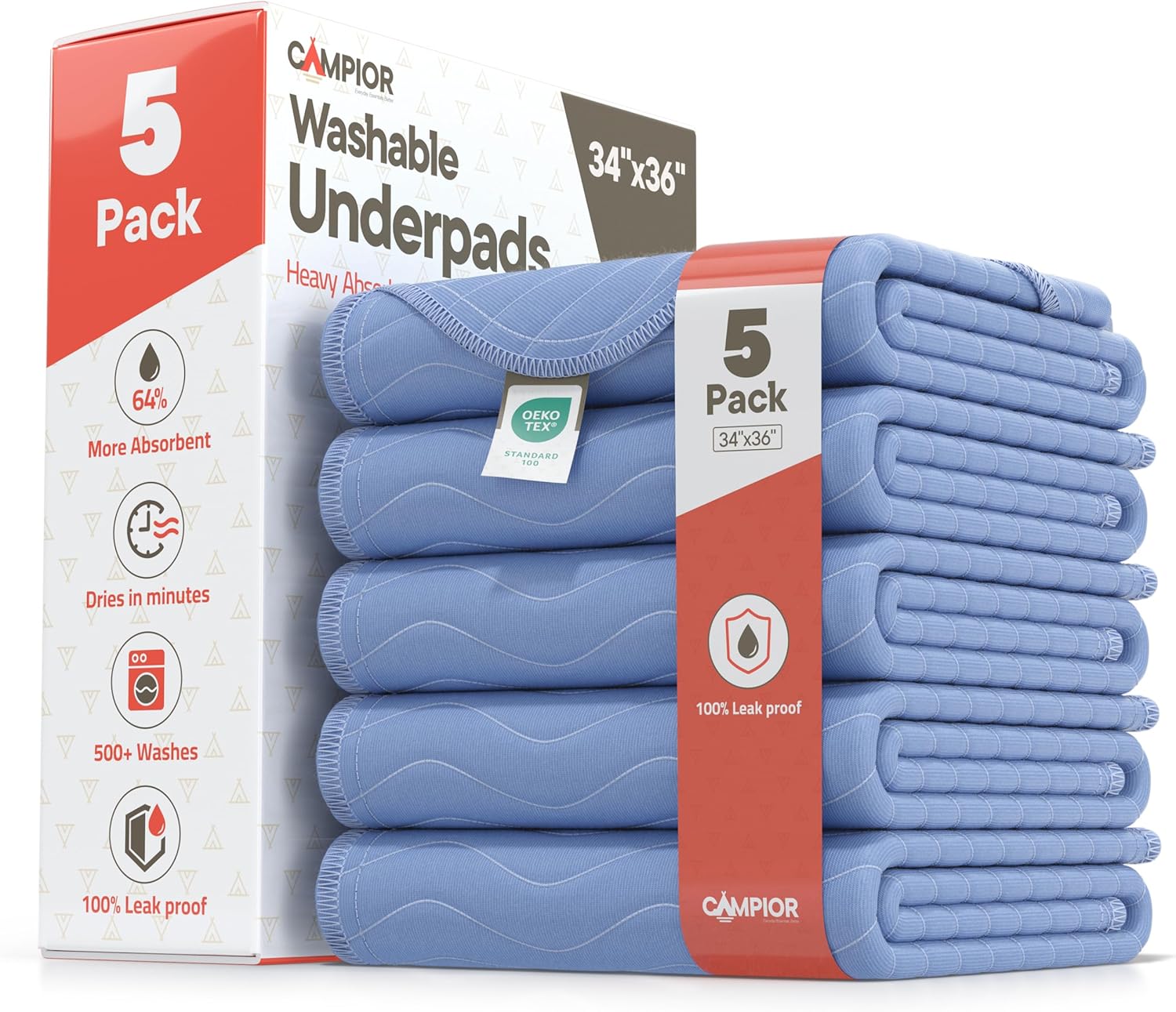 Washable Underpads Large 34"x36" (Pack of 5) – Reusable Waterproof Bed Pads for Adults & Seniors, Extra Heavy Absorbency Incontinence & Bedwetting Pads, Soft, Blue.