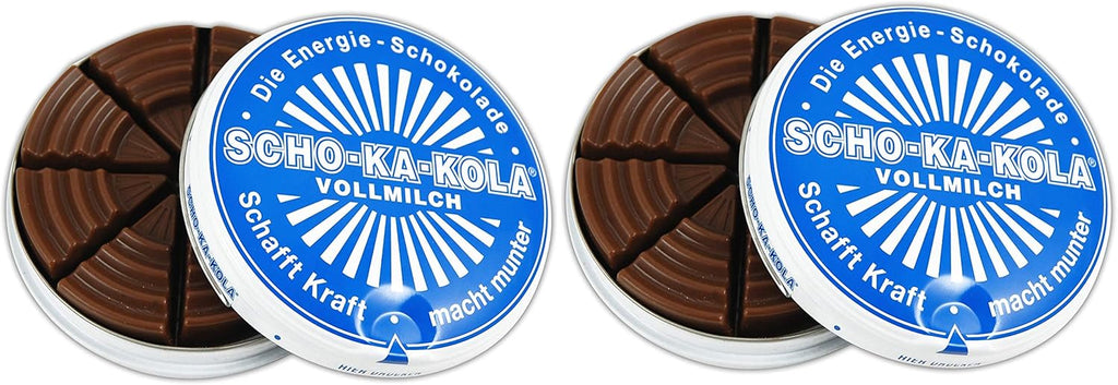 Milk Chocolate SCHO-KA-KOLA with natural Caffeine from Cocoa, Cola-Nut-Powder and Coffee 2 tins x 100 g/Germany