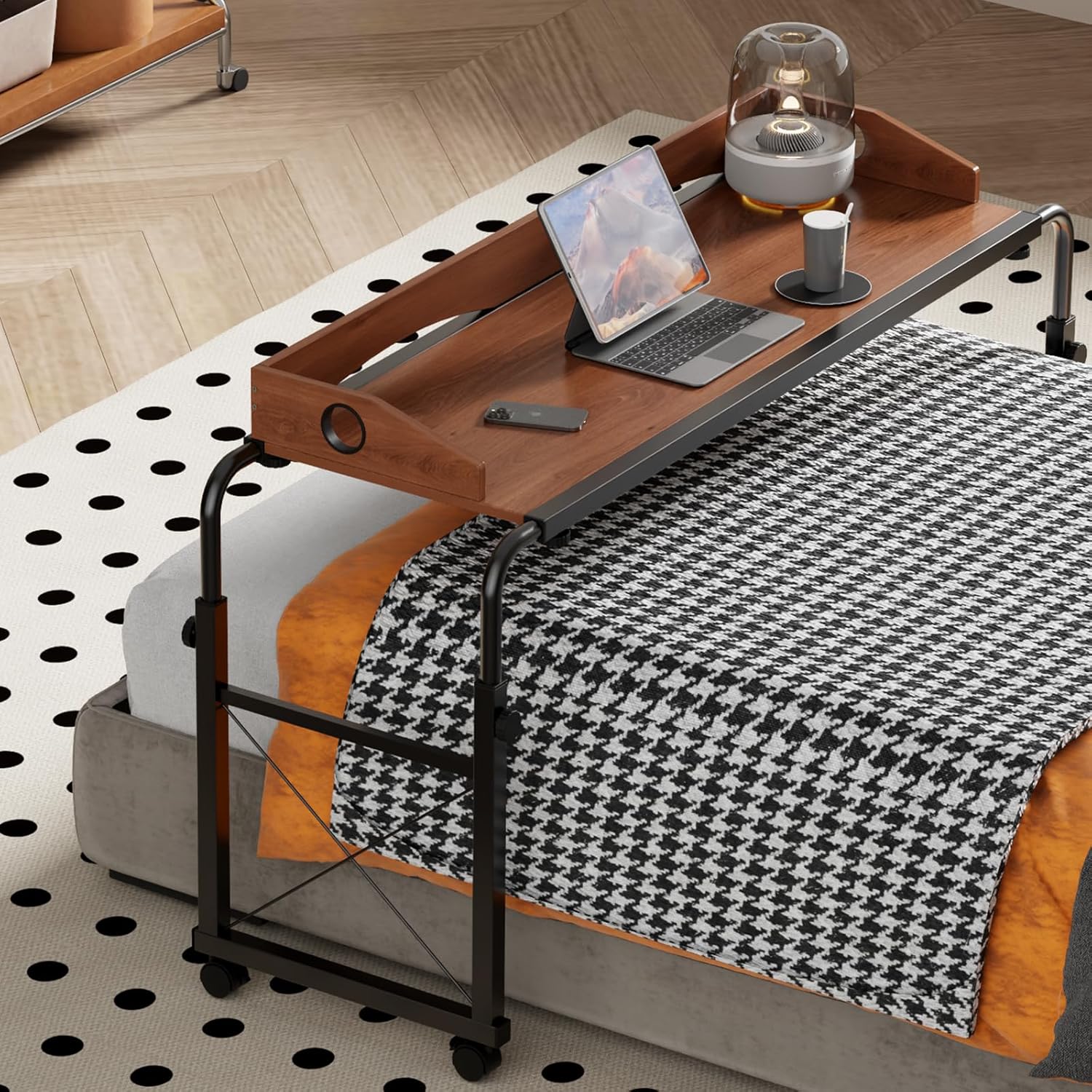 Overbed Table with Wheels, Overbed Desk with Adjustable Length and Height, Rolling Over Bed Desk, Queen Over The Bed Table on Wheels, Heavy Duty Laptop Table for Hospital and Home