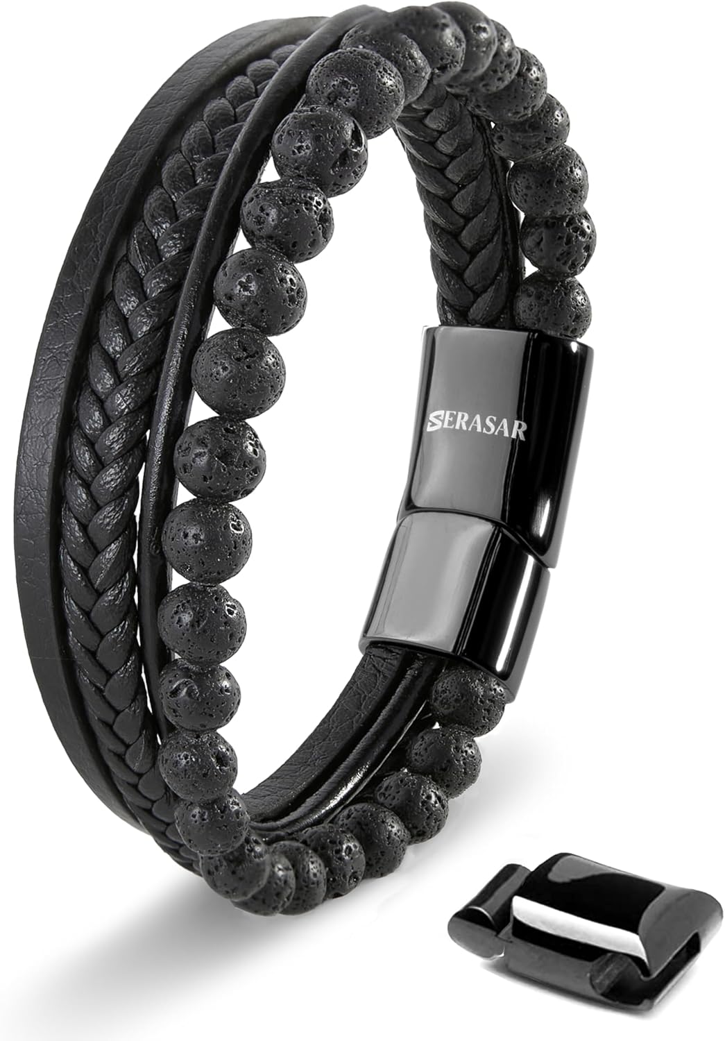 SERASAR | Premium Bracelet for Men in Genuine Black & Brown Leather | Magnetic Stainless Steel Clasp | Jewelry Box Included | Great Gift Idea