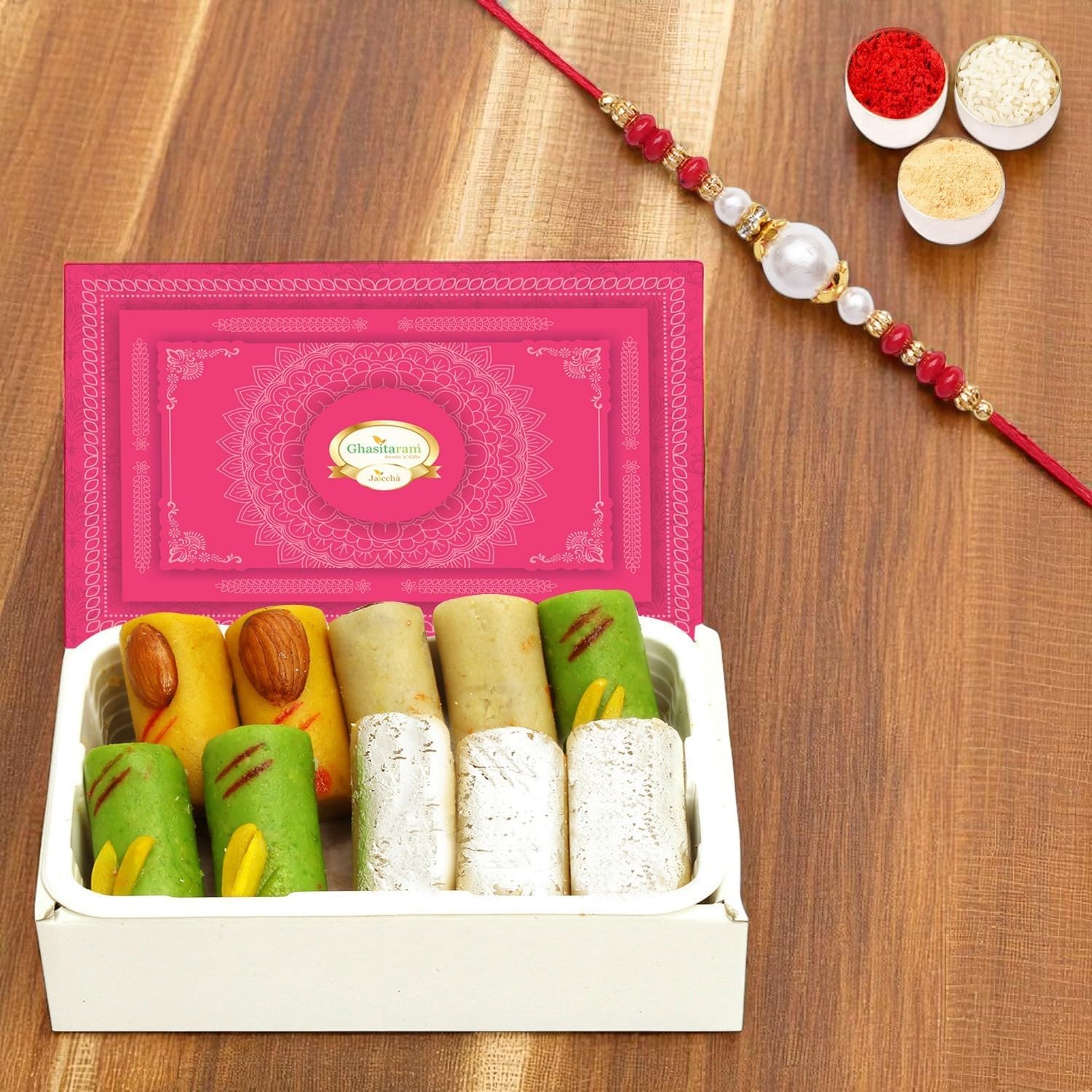 Ghasitaram Gifts Rakhi Gifts for Brothers Rakhi Sweets - KAJU Pista ROLL (200 GMS) with Beads Rakhi
