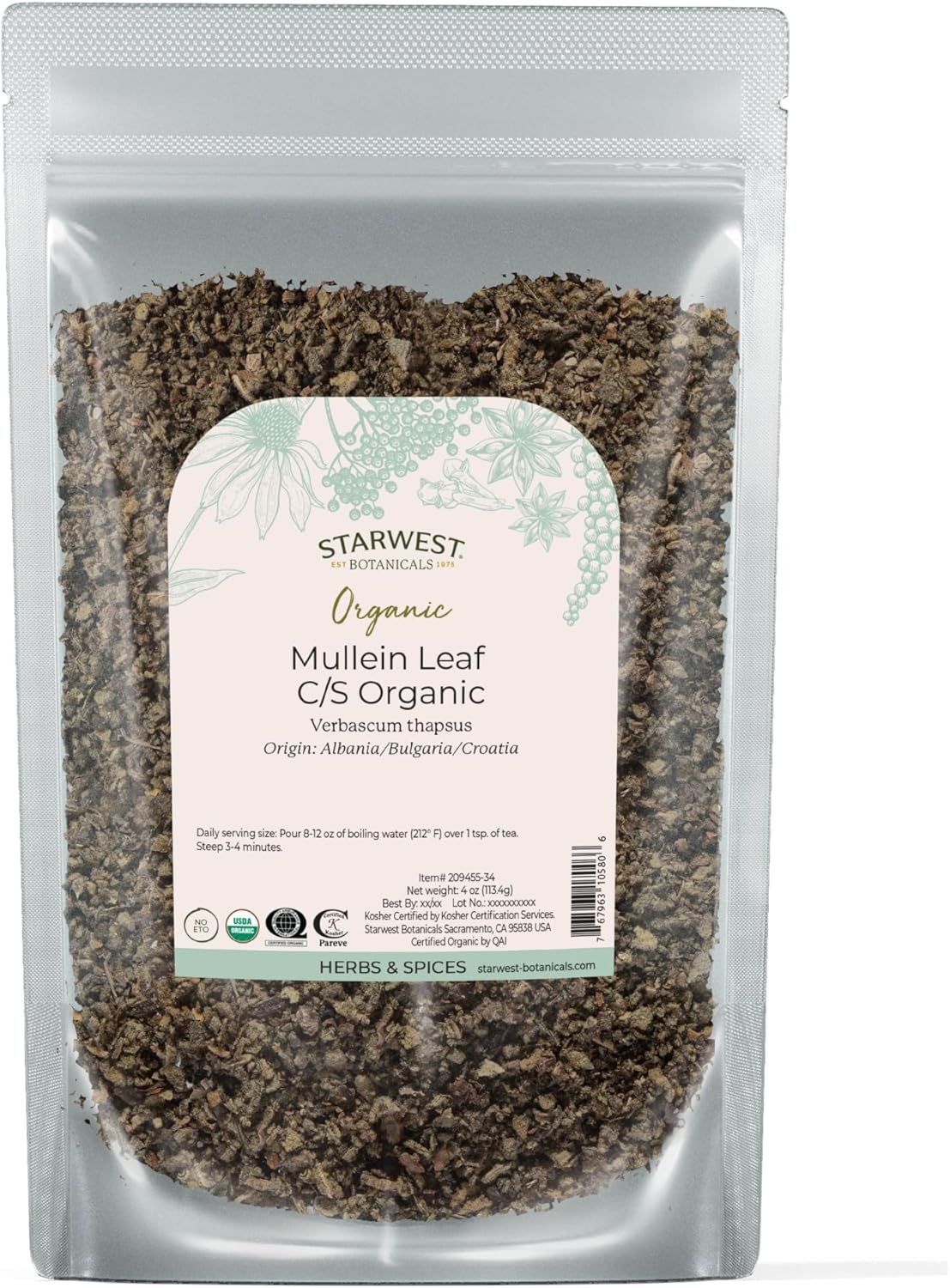 Starwest Botanicals Organic Mullein Leaf Cut & Sifted, 4 Ounces