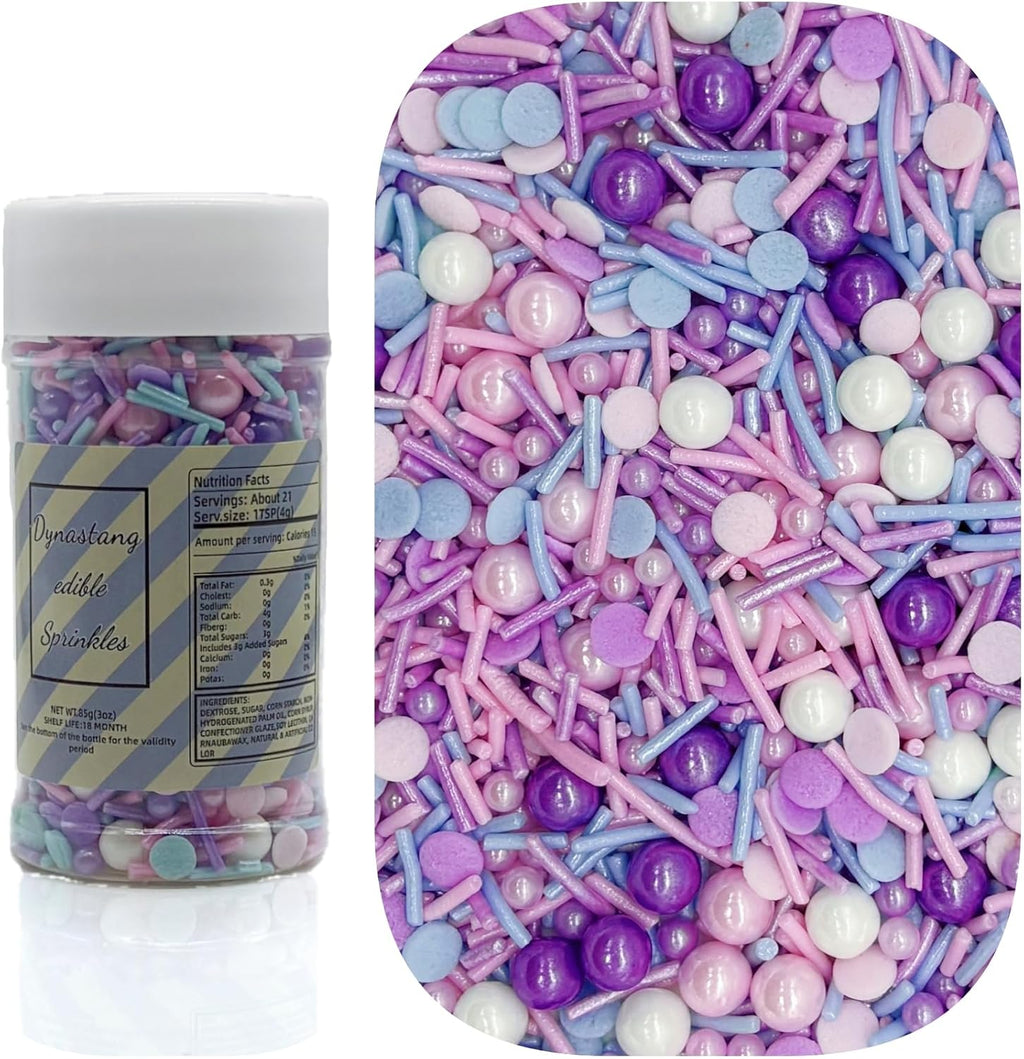 Dynastang Purple & Pink & Blue & White Sprinkles Mixed Style Edible Cake Decorations Cupcake Toppers Cookie Perfect for Cakes, Cupcakes, Desserts Toppings 3OZ