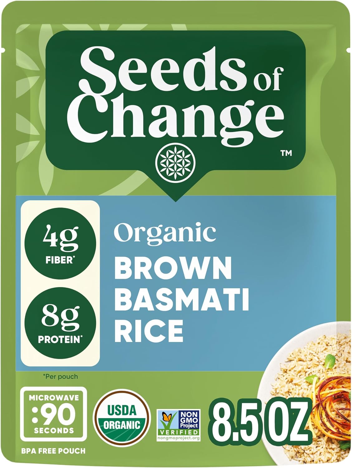 SEEDS OF CHANGE Certified Organic Brown Basmati Rice, Organic Food, 8.5 OZ Pouch