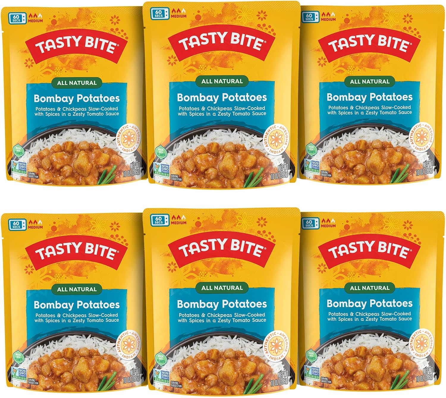 Tasty Bite Indian Bombay Potatoes, Microwaveable Ready to Eat Entrée, 10 Ounce (Pack of 6)