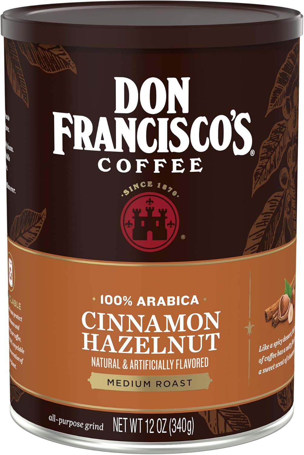 Don Francisco's Cinnamon Hazelnut Ground Flavored Coffee: Rich, Aromatic 100% Arabica Blend - Medium Roast for a Delightful Morning Brew (12 oz Can)