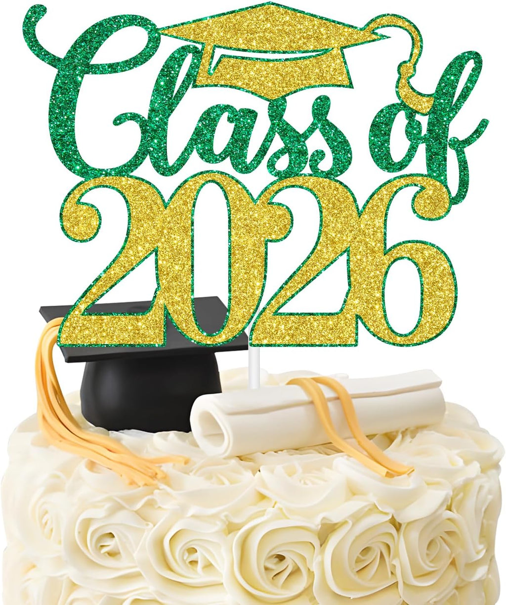 Class of 2026 Cake Topper, Congrats Grad, Congratulations/You Did It, 2026 High School College Graduation Party Decorations Supplies, Green and Gold Glitter