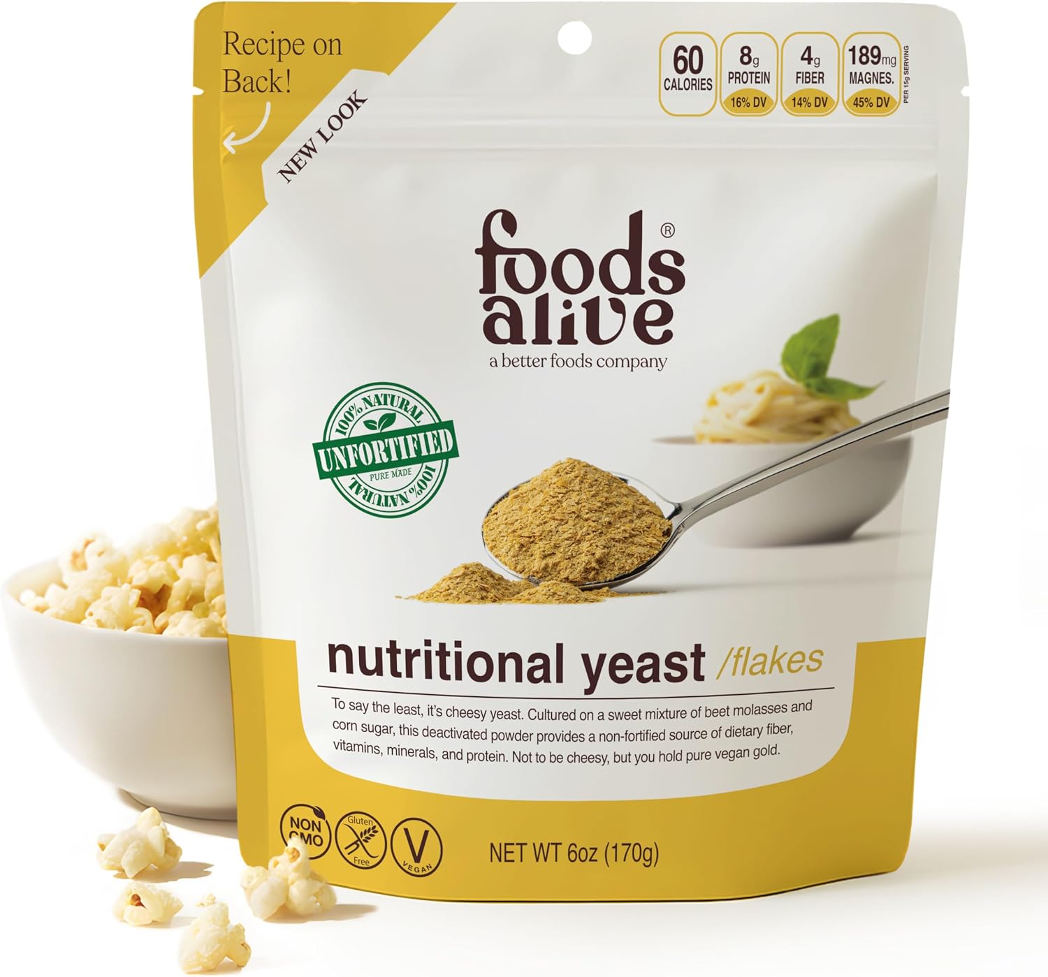 Foods Alive Nutritional Yeast Flakes (6oz) | Premium Non-Fortified, Plant Based Protein, Keto, Vegan Cheese Powder Seasoning