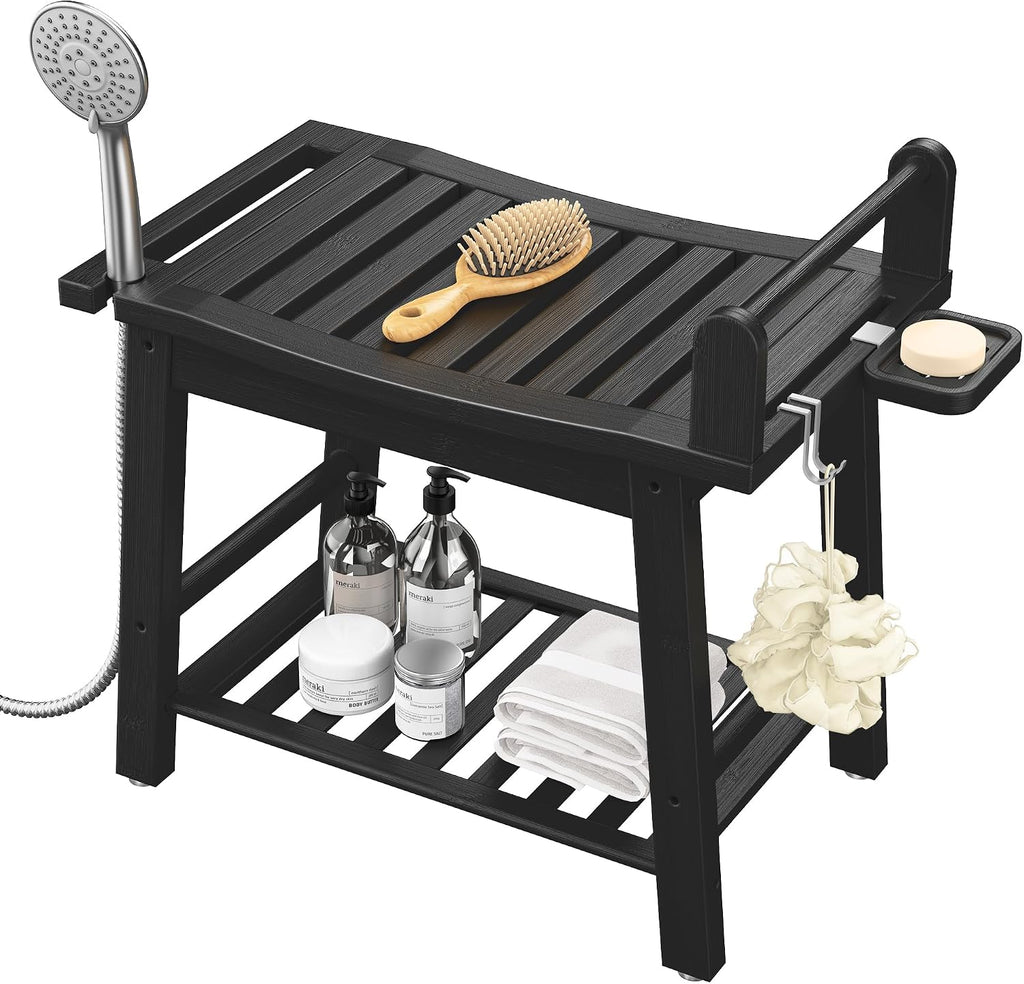 Bamboo Shower Benches for Inside Shower to Sit on, 2-Tier Shower Stool Waterproof with Arm, Heavy Duty Bathroom Bench with Storage Shelf and Shower Header Holder for Seniors, Disabled, Women, Black