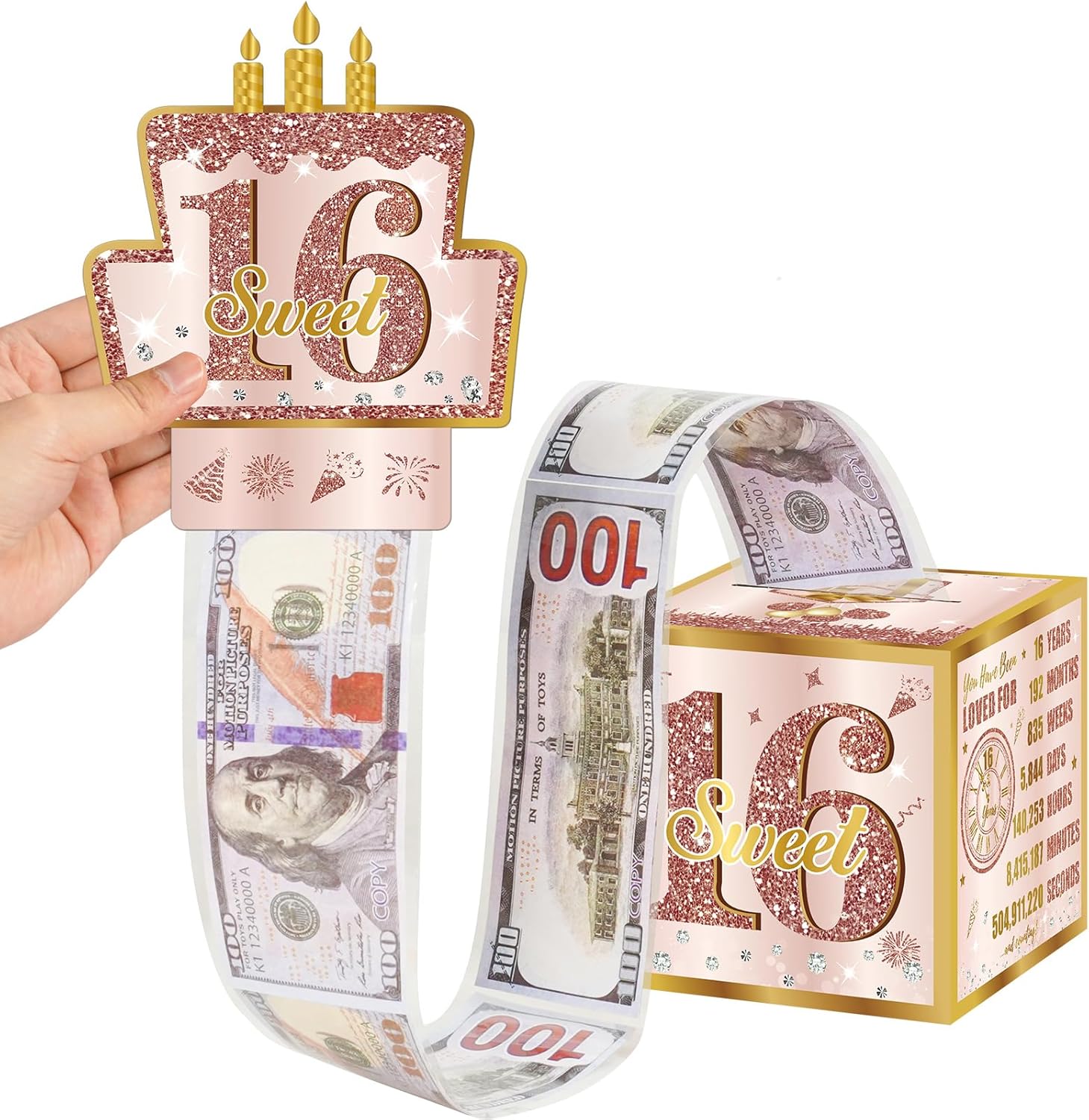 Turypaty Sweet 16th Birthday Pull-Out Money Gift Box for Girls - Pink Rose Gold Happy Sixteen 16th Birthday Party Cash Gift Box with Pull-Out Card - A Fun and Loving Way to Offer Cash Gift