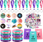 98 Gymnastics Party Favors, Gymnastics Keychain Goodie Bags with Rubber Bracelets, Button Pins, Bags and Stickers for Gymnastics Theme Birthday Party Supplies Baby Shower Holiday