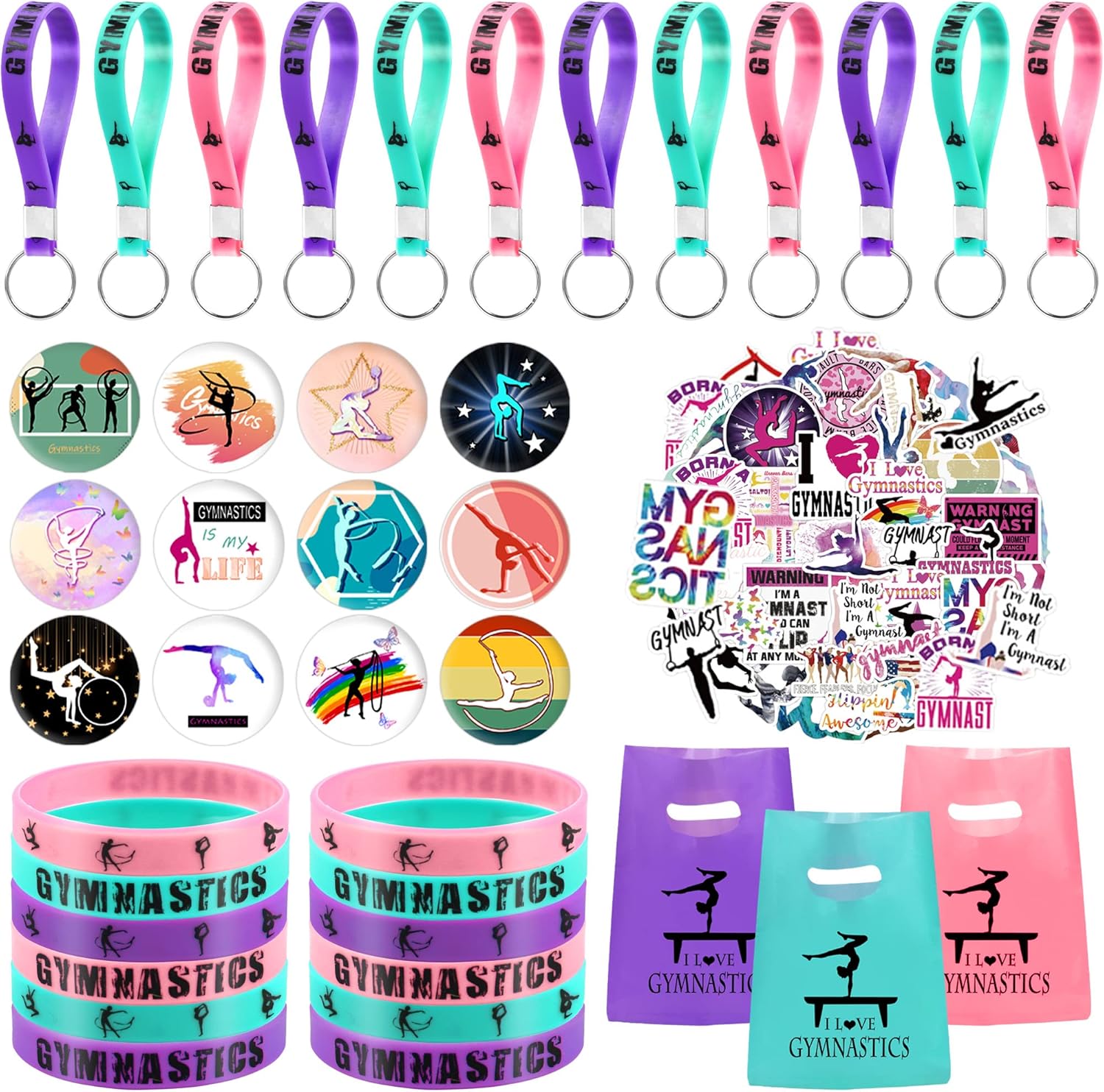 98 Gymnastics Party Favors, Gymnastics Keychain Goodie Bags with Rubber Bracelets, Button Pins, Bags and Stickers for Gymnastics Theme Birthday Party Supplies Baby Shower Holiday