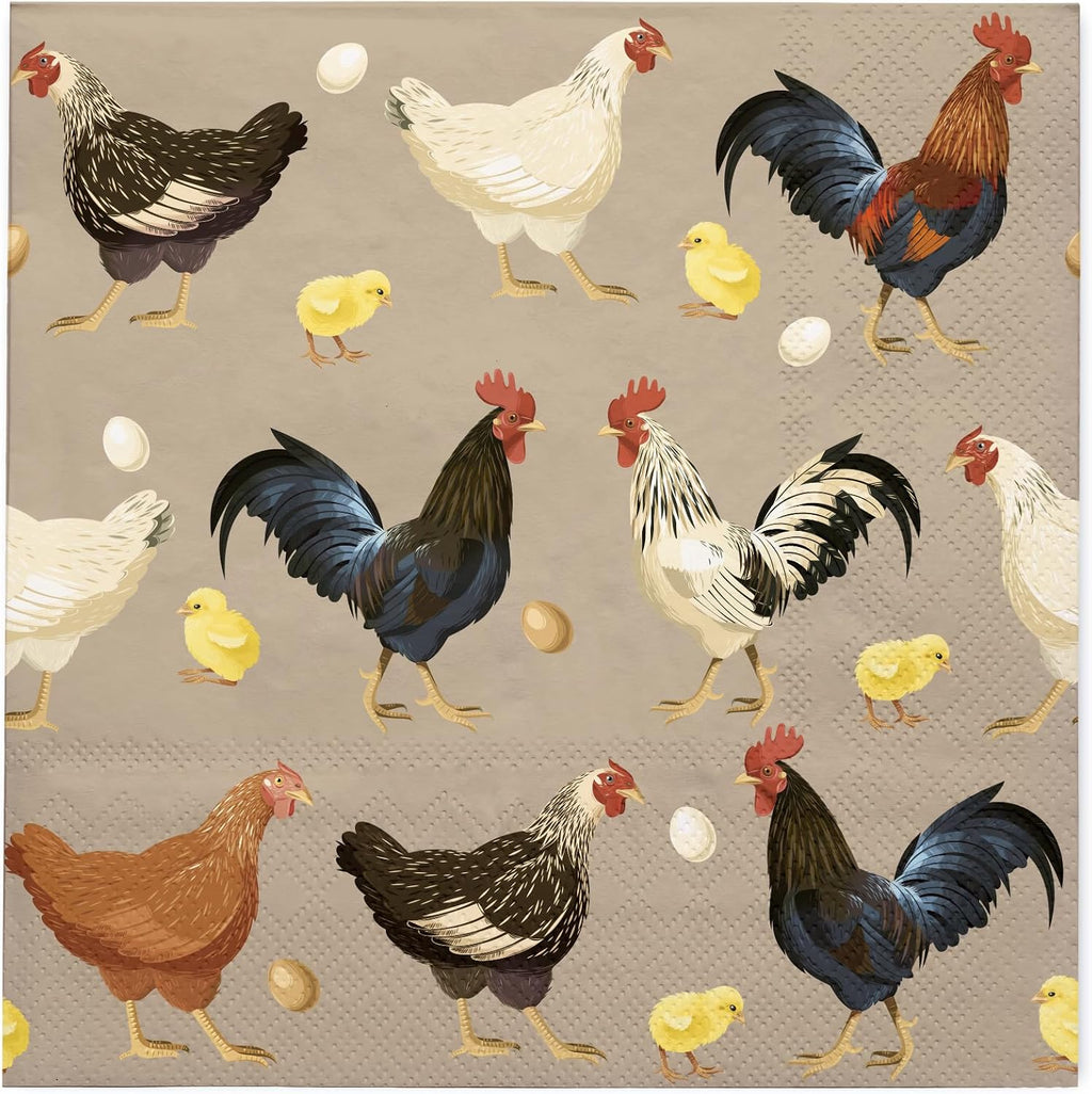 WRAPAHOLIC 50Pcs Roosters Hens Cocktail Chicken Napkins - 3-Ply Farm Paper Napkins for Chicken Birthday Party, Farm Party and Farmhouse Supplies - 5 x 5 In