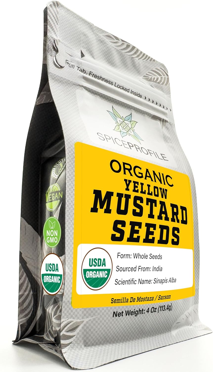 Spice Profile USDA Organic Yellow Mustard Seeds, Lab Tested for Heavy Metals, Resealable 4oz Pouch, Sarson, Semillas de Mostaza Amarilla