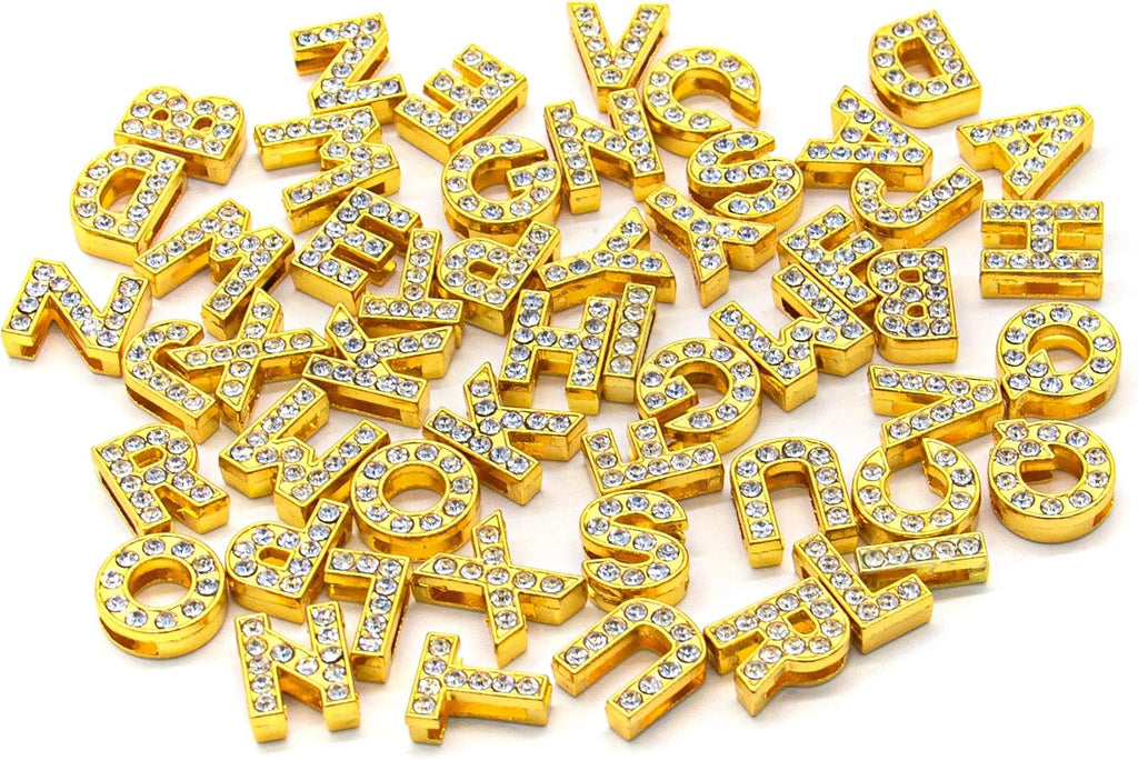 AUEAR, 52 Pack Gold A-Z 8mm Full Rhinestone Slide Charms Crystal Alphabet Letter Alloy for Bracelets Necklace Wristbands DIY Jewelry Making