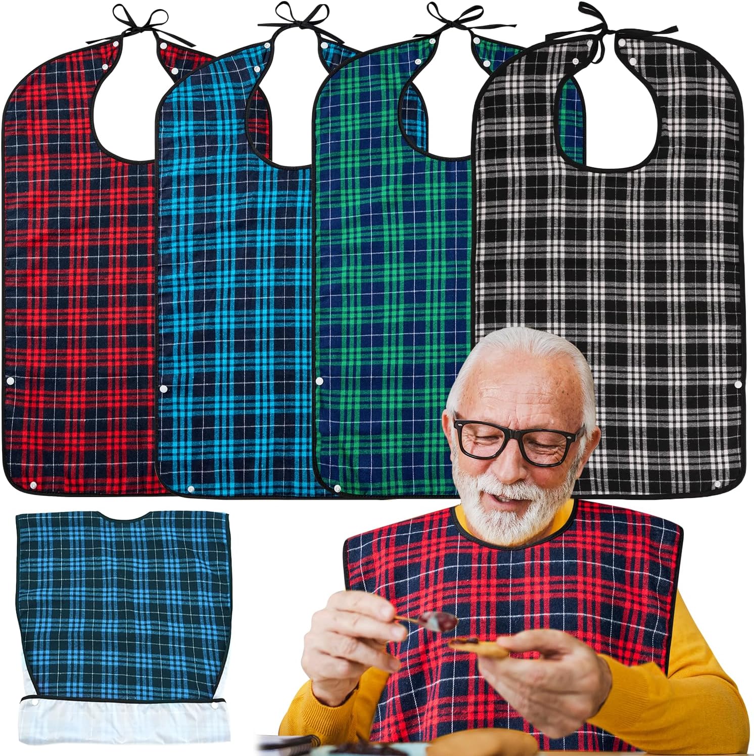 XKDOUS 4 Pcs Adult Bibs For Men Washable Clothing Protector with Crumb Catcher for Eating, Reusable Waterproof Large Feeding Adult Bibs Gift for Men Women Elderly Senior