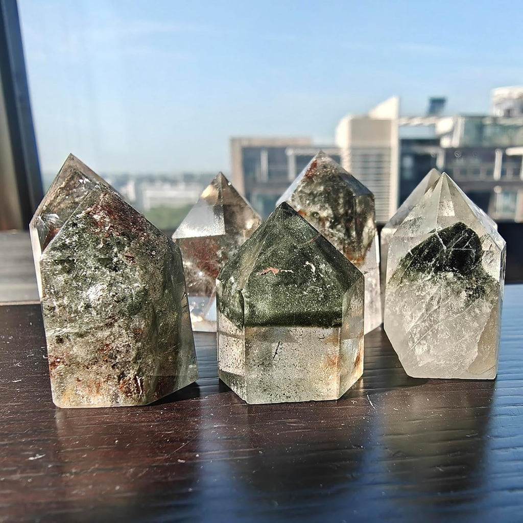 1PC Ghost Crystal Tower Healing Crystal Wand Phantom Quartz Point Garden Quartz Obelisk with Lodalite Natural Stone for Reiki Healing Spiritual Meditation Home Decor Crystal Collection