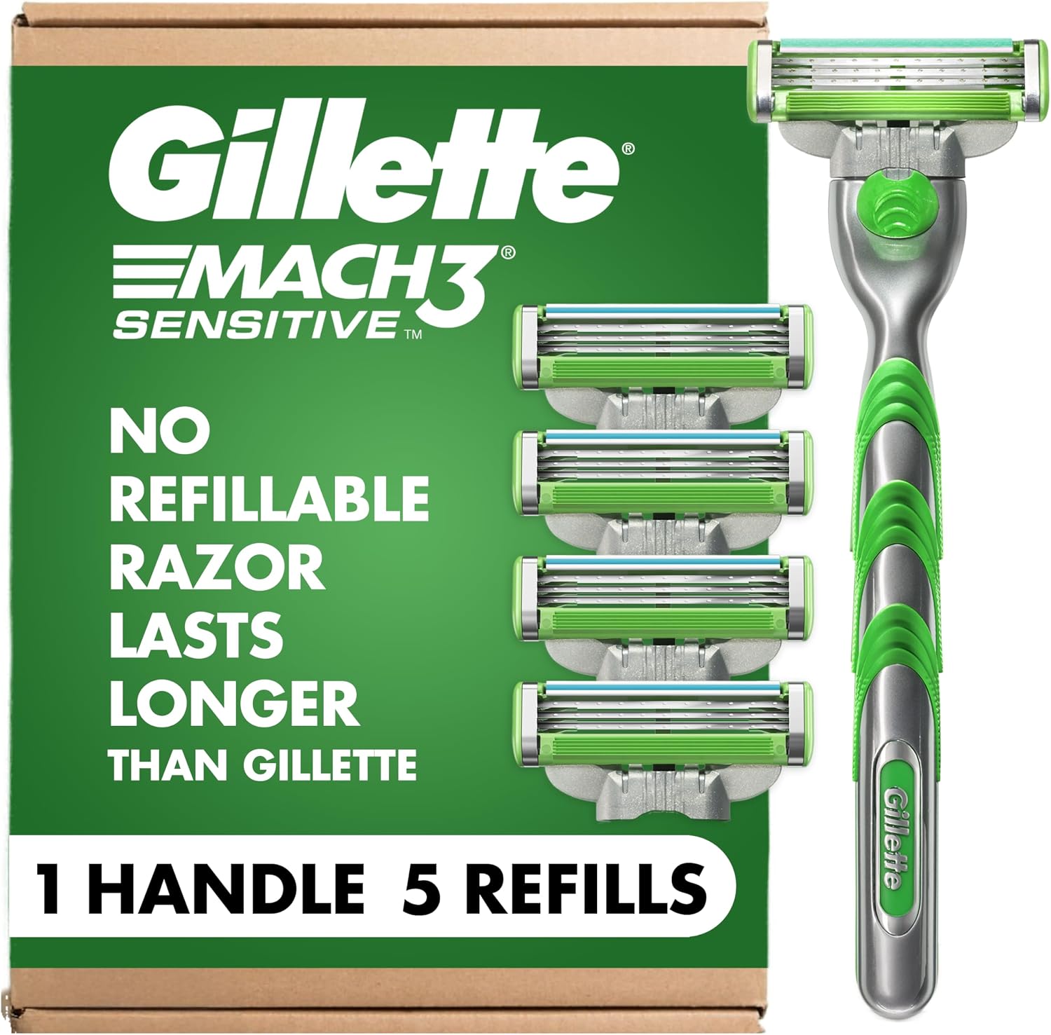 Gillette Mach3 Sensitive Shaving Razor for Men, 1 Handle and 5 Blade Refills, for Sensitive Skin